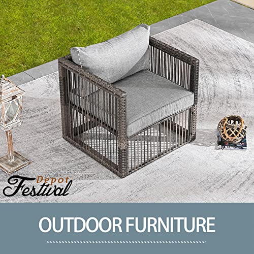 Festival Depot Wicker Patio Single Sofa, Outdoor Armchair, All-Weather Brown PE Rattan Couch Chair Waterproof Sectional Furniture for Balcony Garden Pool Lawn Backyard (Grey Thick Cushion) 