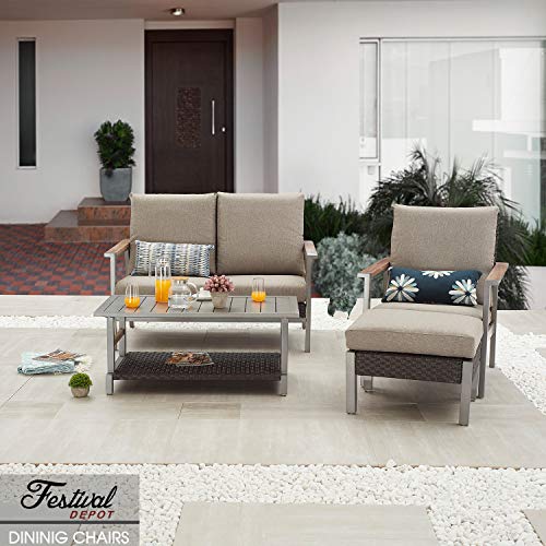 Festival Depot Outdoor Chair Patio Dining Chair with Cushion and Wood Grain Armrest Metal Furniture for Lawn Garden All-Weather 
