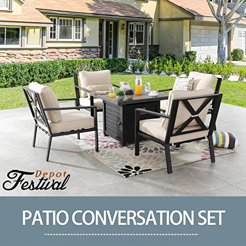 Festival Depot 5 Pieces Outdoor Fire Propane Pit Conversation Set, 4 Patio Dining Armchairs with Cushions Metal Frame and 34 inch 50000 BTU Auto-Ignition Square Propane Gas Fire Pit Table (Beige)
