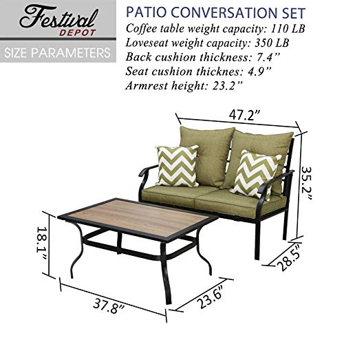 Modern Garden Metal Loveseat Set with Cushions and Coffee Table 