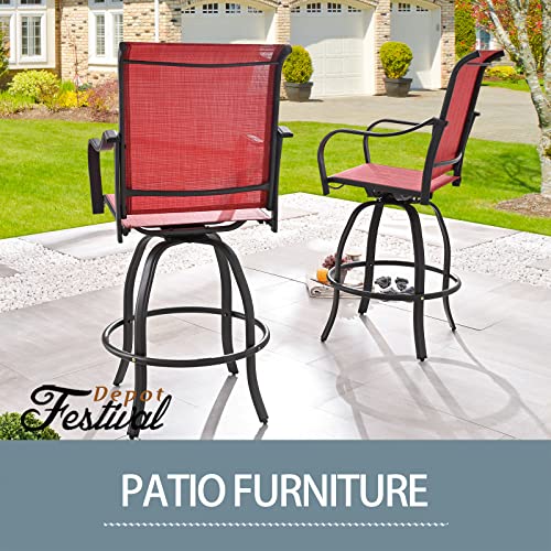 2-Pack Red Counter Bar Height Textilene Swivel Stool Armrests Dining Chairs for Outdoor Bistro Elegance 