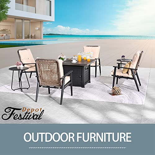 Festival Depot 7 Pieces Outdoor Fire Pit Table Set, Patio Conversation Set, Square Propane Gas Table, 4 PE Wicker Armchairs w/Cushions and 2 Side Table Metal Furniture (Beige)