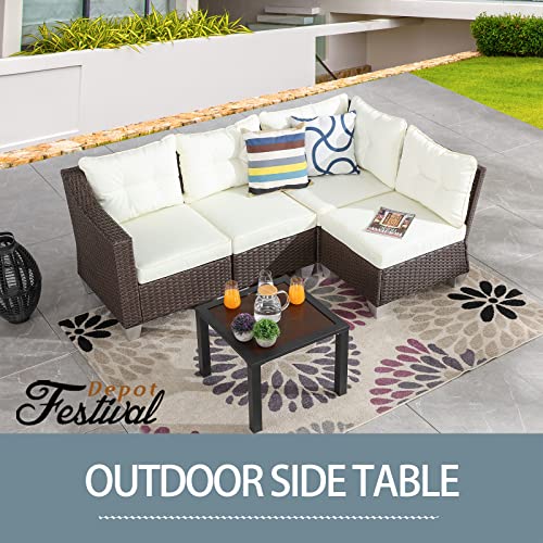 Festival Depot Outdoor Table Patio Dining Table with Metal Steel Frame Wooden-Like End Top All Weather Sectional Furniture for Garden Yard Lawn Pool