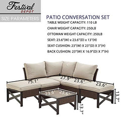 Festival Depot 6 Pieces Patio Outdoor Furniture Conversation Set Sectional Corner Sofa with All-Weather Brown PE Wicker Back Chair, Coffee Table, Ottoman and Thick Soft Removable Couch Cushions
