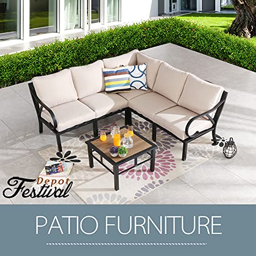 Festival Depot 6 Pcs Patio Conversation Set Sectional Corner Chair with Thick Cushions and Side Table All Weather Metal Outdoor Furniture for Deck Poolside, Beige 