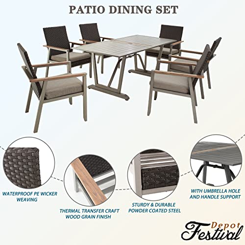 Sports Festival 7 Pieces Patio Conversation Set Outdoor Sectional Furniture Set Include 6 Armchair Set with Woven Wicker, Removable Cushions and Dining Table Stand with 2" Umbrella Hole, Metal Frame