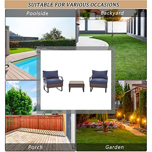 Festival Depot 3pc Bistro Outdoor Dining Furniture Patio Set Soft&Deep Cushion Wicker Rattan Chair with Curved Armrest Square Wood Grain Desktop Table with Side U Shaped Slatted Steel Leg All Weather