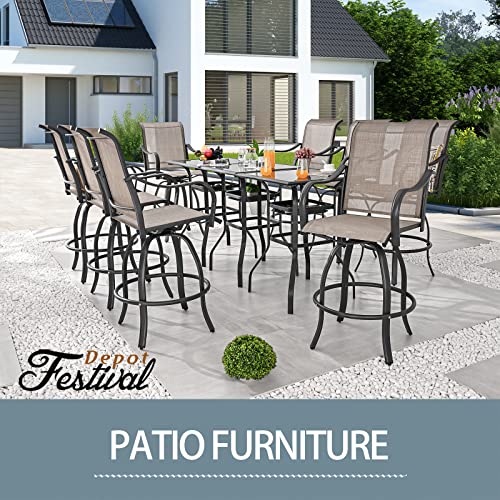 Festival Depot 3 Pcs Patio Bistro Bar Set High Stools Outdoor Furniture with 360° Swivel Armrest Chairs, Coffee Table with Tempered Glass Desktop, Metal Frame for Deck Poolside Garden Porch
