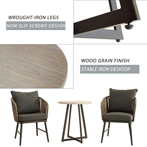 3-Pieces Patio Bistro Set Iron Desktop Wood Grain Circle Coffee Side Table Slatted Steel Frame 