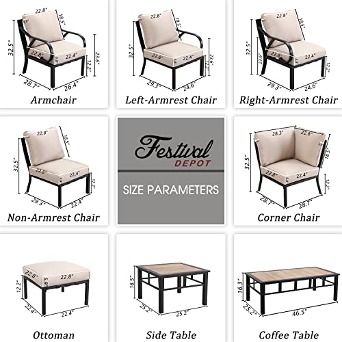 Festival Depot 11 Pieces Patio Conversation Set Sectional Sofa Armchair Ottoman with Thick Cushions and Coffee Table All Weather Metal Outdoor Furniture for Deck Garden, Beige 