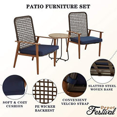 Festival Depot 3 Pieces Patio Outdoor Bistro Set Wooden-Color Armchairs with Cushions Metal Iron Side Table Cafe