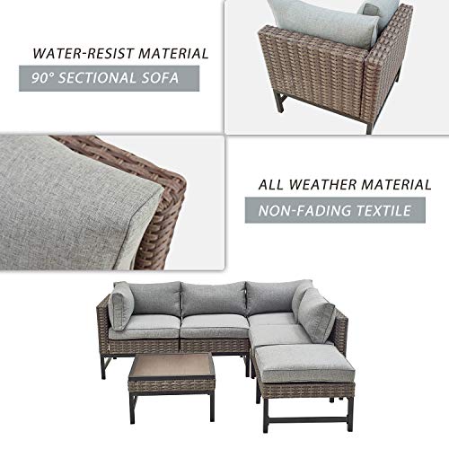 Festival Depot 6 Pieces Patio Outdoor Furniture Conversation Sets Chairs Sectional Corner Sofa, All-Weather Black Slatted Back with Coffee Square Table and Thick Soft Removable Couch Cushions (Grey) 