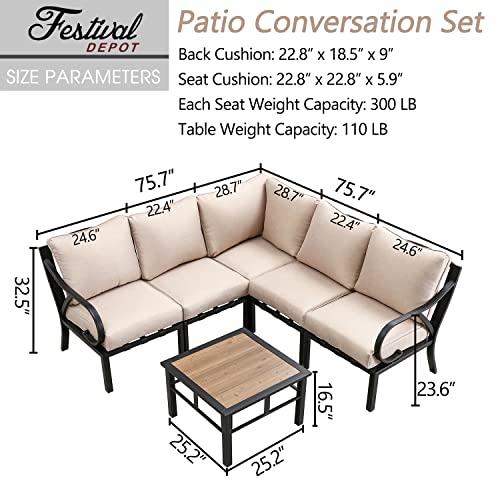 Festival Depot 6 Pcs Patio Conversation Set Sectional Corner Chair with Thick Cushions and Side Table All Weather Metal Outdoor Furniture for Deck Poolside, Beige 