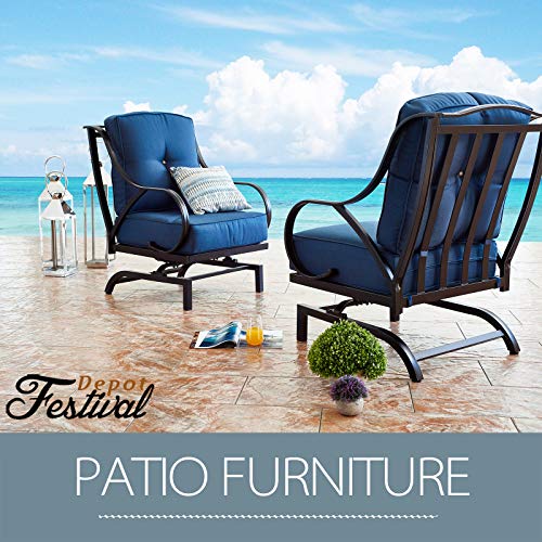 Festival Depot 2 of Outdoor Patio Dining Chairs with Blue Cushions Set Premium Fabric Metal Frame Furniture Set Garden Bistro Seating Chair Thick&Soft Cushions (2pc Dining Chairs) 