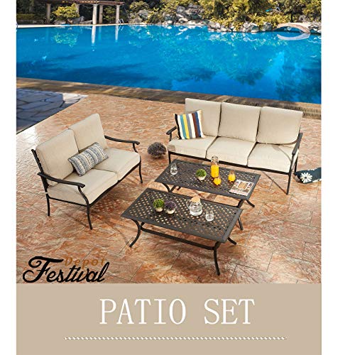 Festival Depot 4Pcs Outdoor Furniture Patio Conversation Set All Weather Black Metal Armchair Loveseat with Seat and Back Cushions, 3-Seating Chair, Rectangle Coffee Tables for Deck Lawn Garden