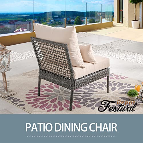 Festival Depot Patio Wicker Dining Chair, All-Weather Rattan Sectional Sofa Outdoor Furniture with Metal Frame Removable Seat & Back Cushion Pillow for Garden Pool Backyard Lawn (Beige)