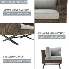 Festival Depot 5 Piece Patio Outdoor Furniture Conversation Set Wicker Rattan Armchair Corner Sofa and Coffee Table X Shaped Slatted Steel Frame Leg for Porch Lawn Garden Balcony Pool Backyard