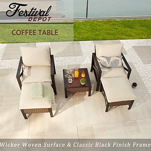 Festival Depot Metal Outdoor Side Coffee End Table Patio Bistro Living Room Dining Table Wood Grain Top Wicker Rattan Furniture with Side X Shaped Slatted Steel Legs Brown Black 
