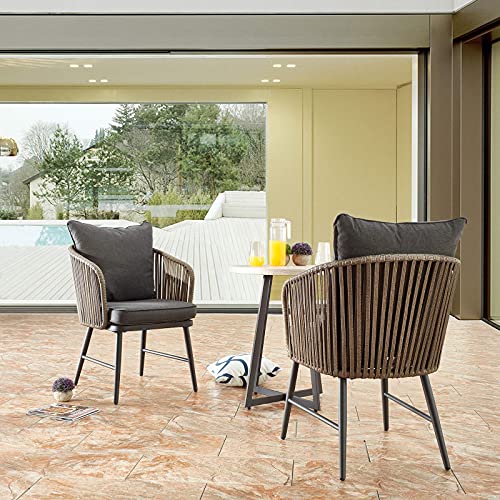 Festival Depot 3 Pcs Patio Bistro Set Outdoor Furniture with 2 Rattan Wicker Chair, Seat and Back Cushion and 1 Wood Grain Desktop Coffee Table