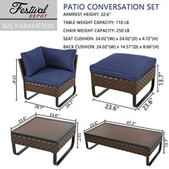 Festival Depot 10 Pcs Patio Conversation Sets Outdoor Furniture Sectional Sofa Loveseat with All-Weather PE Rattan Wicker Chair Coffee Table and Thick Soft Removable Couch Cushions(Blue)