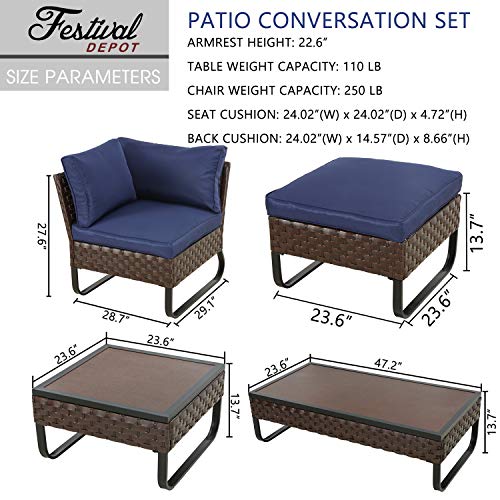 Festival Depot 9 Pcs Patio Outdoor Furniture Conversation Sets Sectional Sofa with All-Weather PE Rattan Wicker Chair,Loveseat Coffee Table and Soft Removable Couch Cushions(Blue)