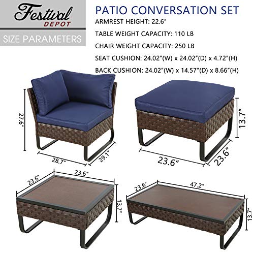 Festival Depot 10 Pcs Patio Conversation Sets Outdoor Furniture Sectional Sofa Loveseat with All-Weather PE Rattan Wicker Chair Coffee Table and Soft Removable Couch Cushions(Blue) 