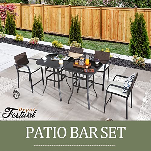 Festival Depot 6 Pcs Patio Bar Set of 4 Wicker Stools with Cushions Rattan High Stools with Armrests and 2 Tempered Glass Top Counter Tables in Metal Frame Outdoor Furniture for Bistro Garden