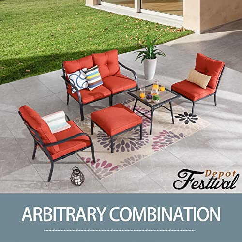 Festival Depot 6 Pcs Patio Conversation Set Sectional Sofa Chair Outdoor Furniture All-Weather Bistro Set with Armchair Left-arm&Right-arm Armless Chair Ottoman Side Table for Garden Porch Deck (Red) 
