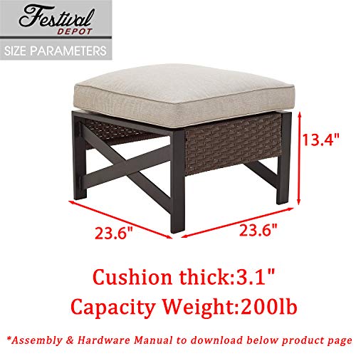 Festival Depot Patio Ottoman Footstool Outdoor Furniture with Wicker Rattan, X Shape Slatted Steel Frame Foot Rest with Premium Fabric Soft Cushion Square for Garden Yard Lawn All-Weather 