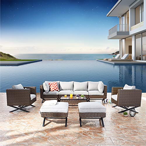 Festival Depot 9pcs Outdoor Furniture Patio Conversation Set Sectional Corner Sofa Chairs with X Shaped Metal Leg All Weather Brown Rattan Wicker Ottoman Coffee Table with Grey Seat Back Cushions