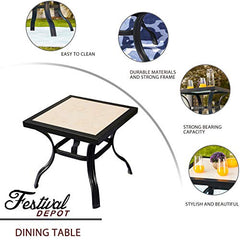 Festival Depot Modern Furniture Outdoor Square Patio Dining Coffee Bistro Table Metal Steel Legs with Ceramics Top All-Weather,20.9"(L) x 20.9"(W) x 19.7"(H),Black