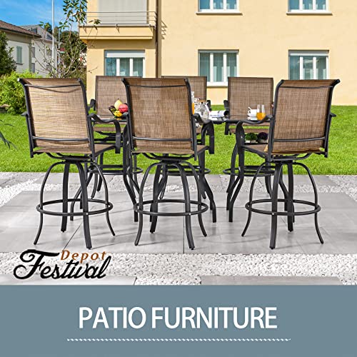 Festival Depot 3 Pcs Patio Bistro Bar Set High Stools Outdoor Furniture with 360° Swivel Armrest Chairs, Coffee Table with Tempered Glass Desktop, Metal Frame for Deck Poolside Garden Porch