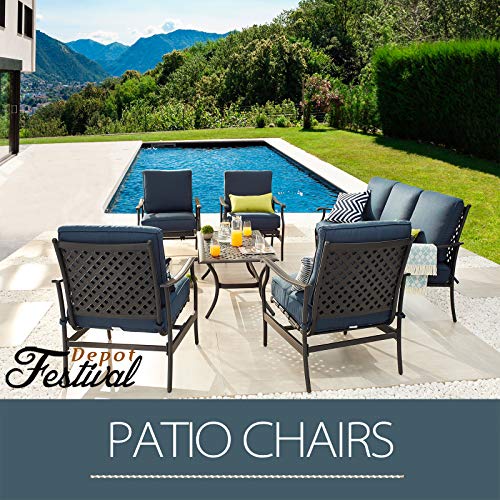 Festival Depot 6Pcs Outdoor Furniture Patio Conversation Set All Weather Black Metal Armchairs with Seat and Back Cushions, Rectangle Coffee Table for Deck Lawn Garden, Beige