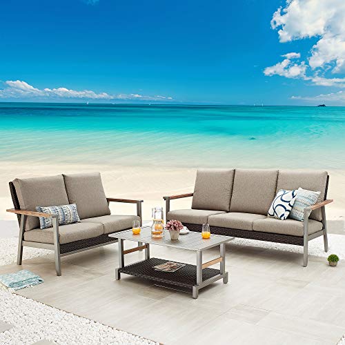 Festival Depot 3pcs Patio Conversation Set Wicker Armchair All Weather Rattan Loveseat 3-Seater Sofa with Grey Thick Cushions and Coffee Table in Metal Frame Outdoor Furniture for Deck Poolside