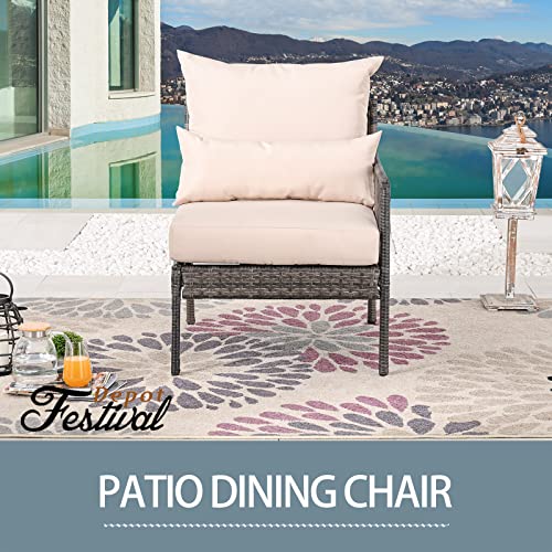Festival Depot Patio Wicker Dining Chair, All-Weather Rattan Sectional Sofa Outdoor Furniture with Metal Frame Removable Seat & Back Cushion Pillow for Garden Pool Backyard Lawn (Beige)