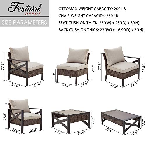 Festival Depot 8 Pcs Patio Outdoor Furniture Conversation Set Sectional Sofa with All-Weather Brown PE Rattan Wicker Back Chair, Coffee Side Table and Soft Thick Removable Couch Cushions