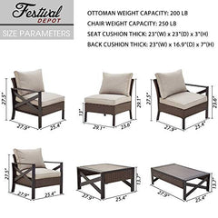 Festival Depot 8 Pcs Patio Outdoor Furniture Conversation Set Sectional Sofa with All-Weather Brown PE Rattan Wicker Back Chair, Coffee Side Table and Soft Thick Removable Couch Cushions