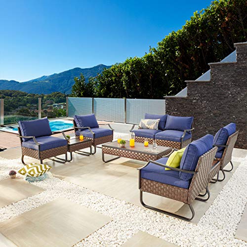 Festival Depot 9 Pcs Patio Outdoor Furniture Conversation Sets Sectional Sofa with All-Weather PE Rattan Wicker Armchair, Loveseat Coffee Side Table and Thick Soft Removable Couch Cushions (Blue)