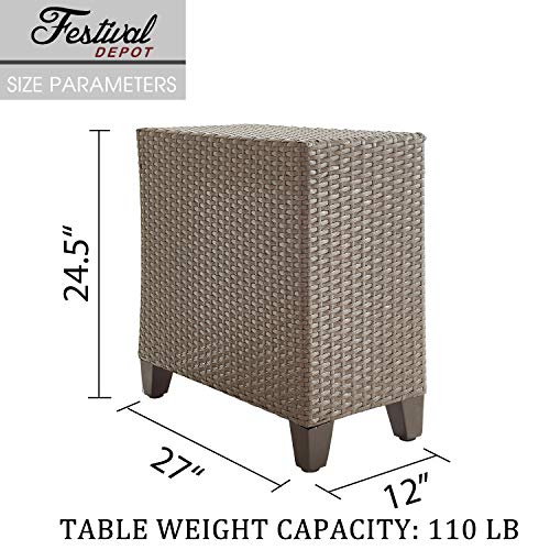 Festival Depot Outdoor All-Weather Patio Wicker Rattan Side Table Metal Frame End Table for Porch Lawn Garden Balcony Pool Backyard, Brown 