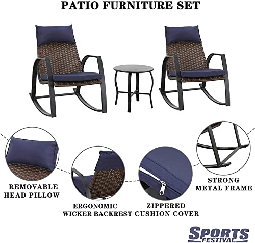 Luxury 3 Piece Rattan Rocking Bistro Set with Cushioned Armchairs and Metal Table