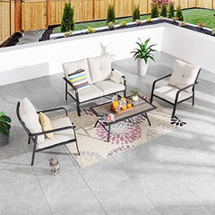 Festival Depot 4 Pcs Patio Bistro Sets Outdoor Arbitrary Combination Conversation Furniture with 1 Loveseat 2 Dining Armchairs and 1 Coffee Table for Bar Indoor Home Garden Pool Porch (Beige)
