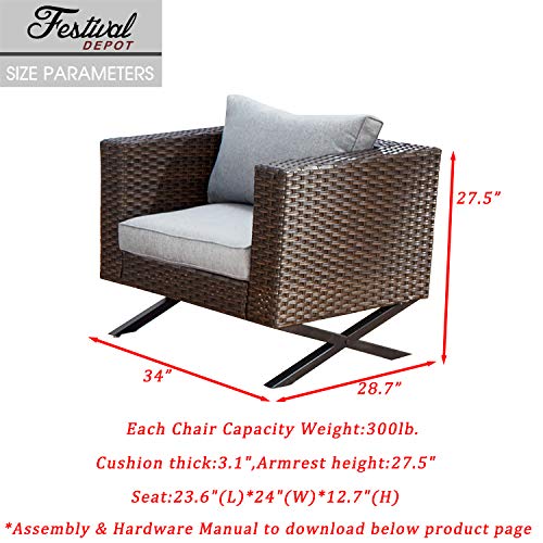Festival Depot Patio Chair Wicker Armchair with Thick Cushions and X Shaped Steel Legs Metal Frame Outdoor Furniture for Garden Yard All-Weather