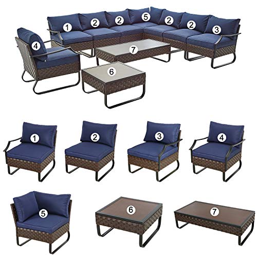 Festival Depot 10 Pcs Patio Conversation Sets Outdoor Furniture Sectional Corner Sofa with All-Weather PE Rattan Wicker Chair Coffee Table and Thick Soft Removable Couch Cushions (Blue) 