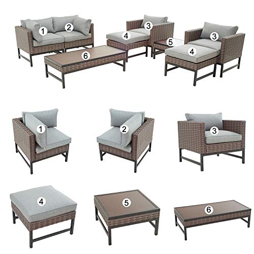 Festival Depot 8 Pieces Outdoor Furniture Patio Conversation Set Combination Sectional Sofa Loveseat All-Weather Woven Wicker Metal Chairs with Seating Back Cushions Side Coffee Table Ottoman, Gray