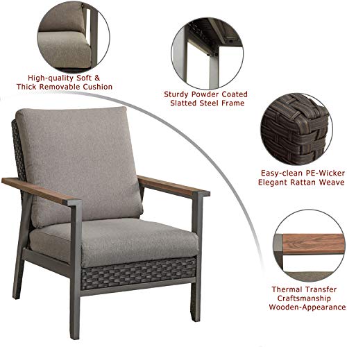 Festival Depot Outdoor Chair Patio Dining Chair with Cushion and Wood Grain Armrest Metal Furniture for Lawn Garden All-Weather 