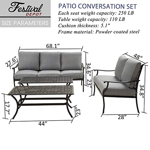 Festival Depot 4Pcs Outdoor Furniture Patio Conversation Set All Weather Black Metal Armchair Loveseat with Seat and Back Cushions, 3-Seating Chair, Rectangle Coffee Tables for Deck Lawn Garden