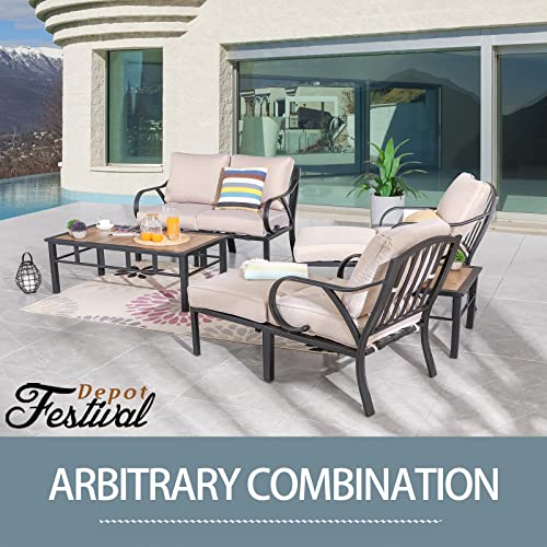 Festival Depot 8 Pieces Patio Conversation Set Sectional Sofa Armchair Ottoman with Thick Cushions and Side Coffee Table All Weather Metal Outdoor Furniture for Deck Garden, Beige