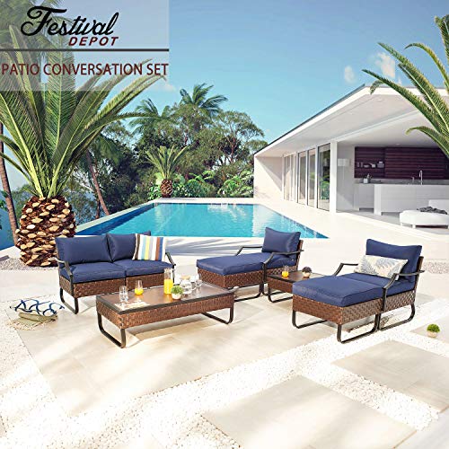 Festival Depot 8 Pcs Patio Conversation Sets Outdoor Furniture Sectional Sofa with All-Weather PE Rattan Wicker Chair Loveseat Coffee Table and Thick Soft Removable Couch Cushions(Blue) 