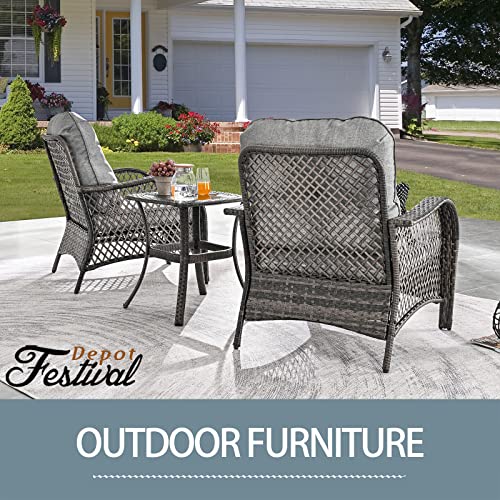Festival Depot 3 Pieces Patio Bistro Set PE Wicker Armchairs Set of 2 with Tempered Glass Top Side Table Outdoor Furniture Conversation Set (Brown Wicker, Grey Cushion)