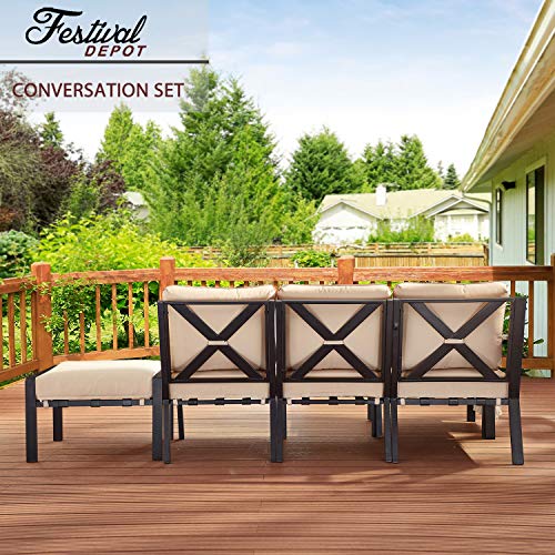 Festival Depot 6-Pieces Patio Outdoor Furniture Conversation Sets Sectional Sofa, All-Weather Black Slatted Back Chairs with Square Coffee Table, Ottoman and Removable Thick Soft Couch Cushions(Beige)
